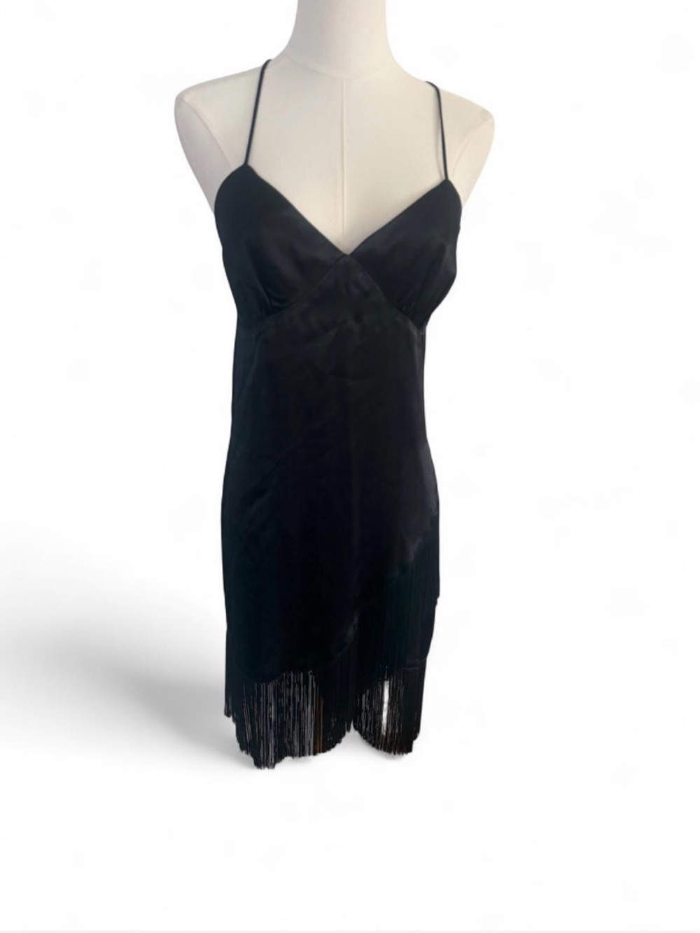 Black Satin Slip Dress with Fringe Hem